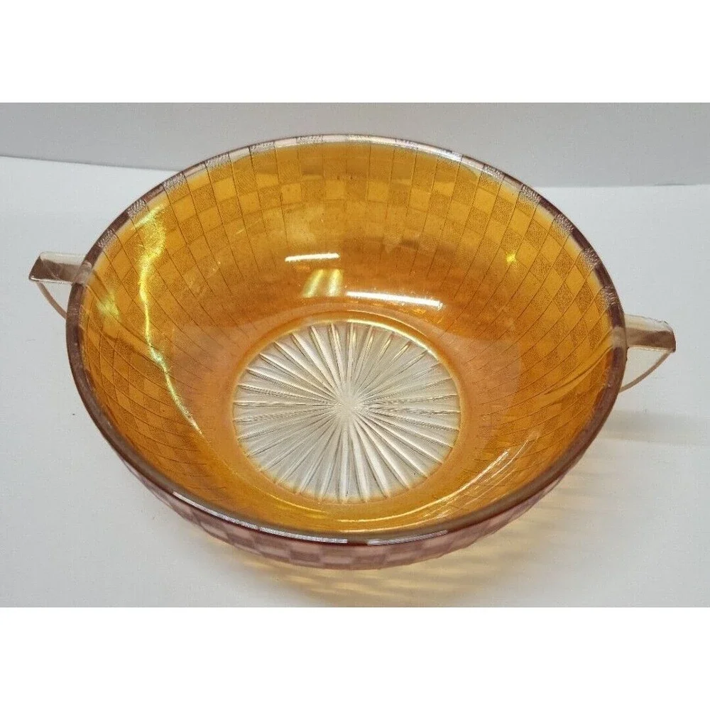 Iridescent checkered patterned depression glass bowl w 2 handles